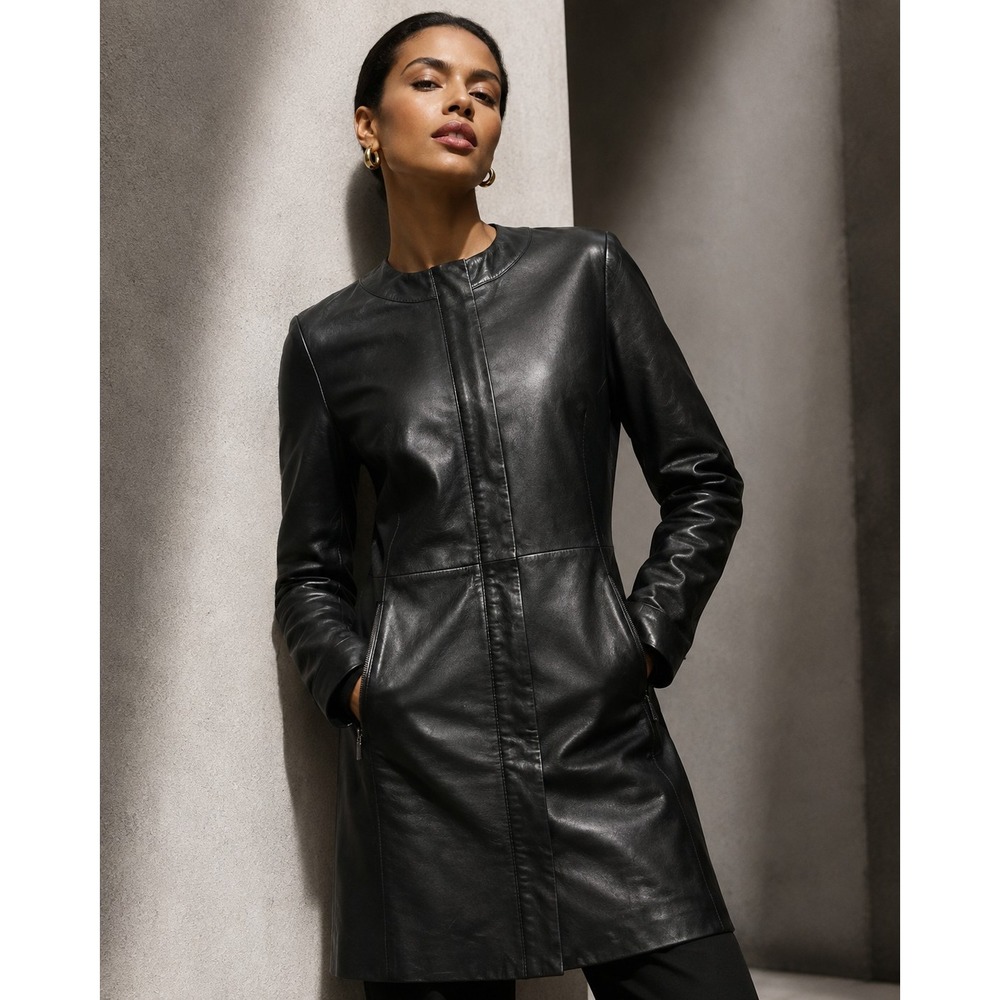 Cole Haan Womens Black Genuine Leather Coat Round Neck Mid Length Jacket Size 2